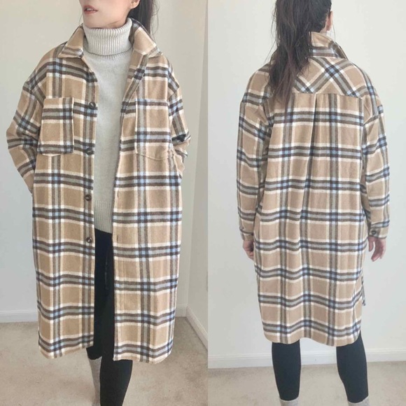 PLAID LONG LINE SHACKET COAT WITH POCKETS - CREAM BURBERRY - Picture 4 of 7